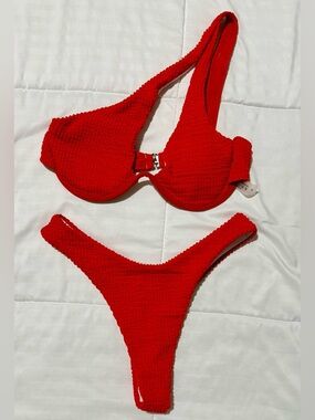 Red Textured Two-Piece Bikini Set
